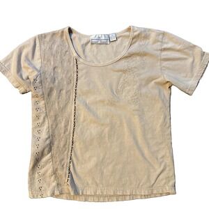 Sacred Threads Embroidered Tee Shirt ML Top Tan Boho